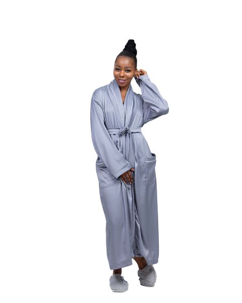 Selphies Rolled Collar luxurious satin Morning Gown(Bathrobe) - Grey