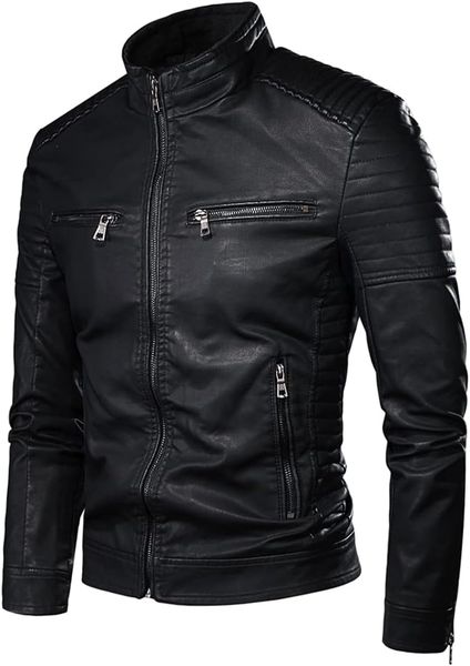 Imitation Leather Jackets For Men -Spring Fall Biker's Jacket - Black