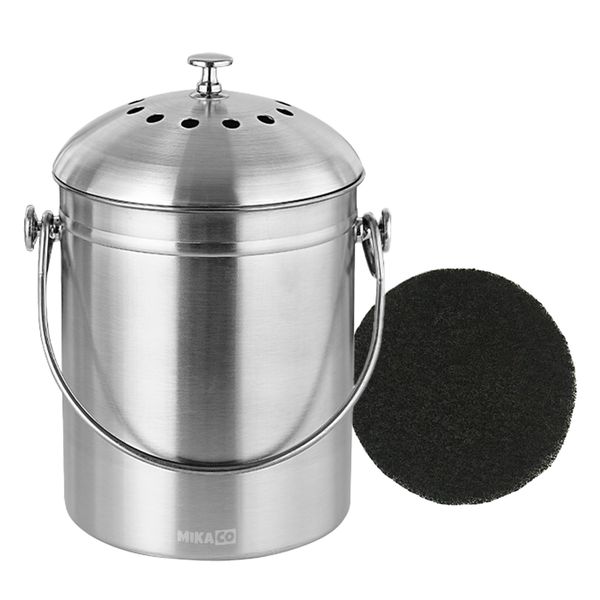 MIkaco Stainless Steel Compost Bin with Handle-2 Activated Charcoal Filter Pad