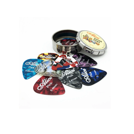 Alice Celluloid Guitar Picks Tin of 12 Assorted Colours & Thicknesses Image