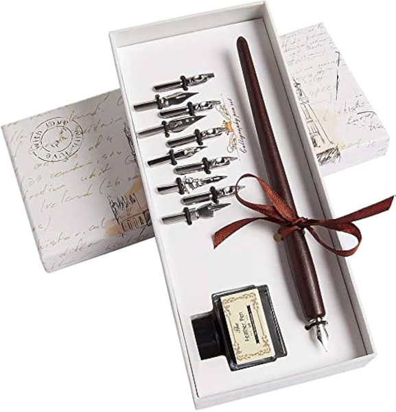Oak Calligraphy Pen Set - Wooden Dip Pen, Ink, Brass Holder &amp; 5 Nibs