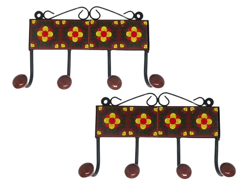 Floral Pattern Wall Mounted Ceramic Tile 4 Hooks - Pack of 2 Pieces