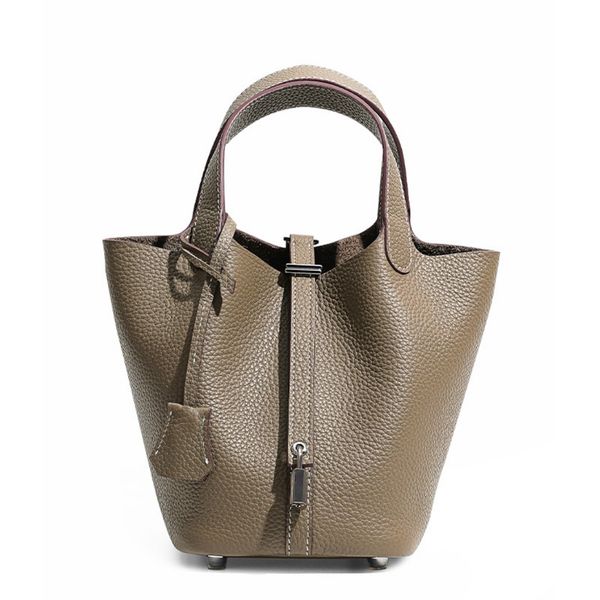 Women Genuine Cowhide Leather Small Bucket Bag Top Handle Tote