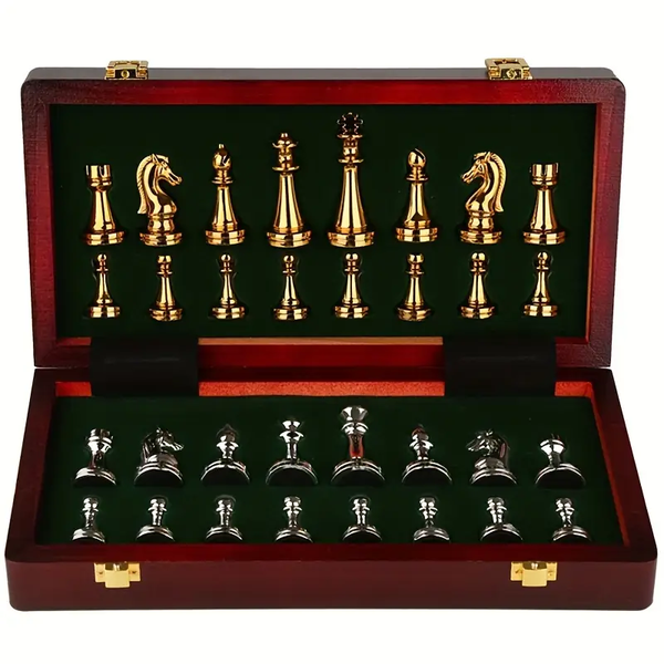 Retro Metal Chess Set with Folding Wooden Chess Board and Classic Handmade