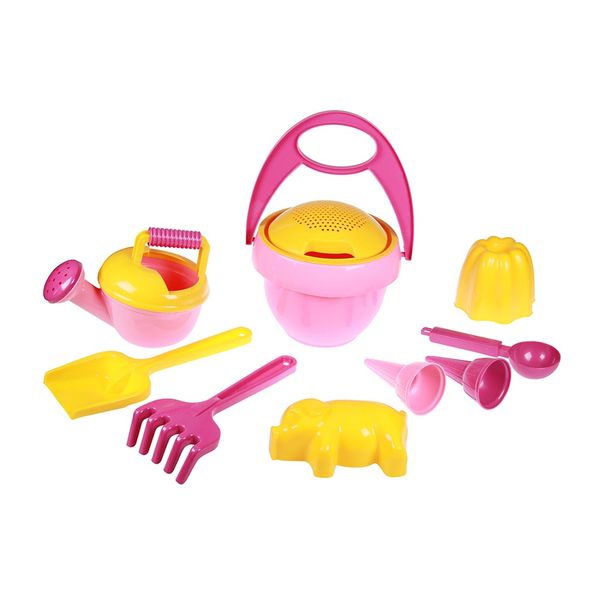 LENA Sand Play Set: Bucket, Sieve, Spade, etc. Pink/Yellow 10 Pieces