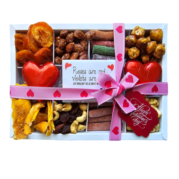 Valentines day Nuts, dried fruit and chocolate box