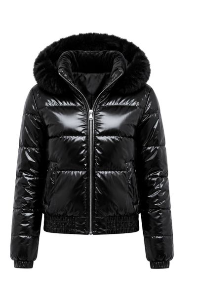 Women's Shiny Black Puffer Jacket with Faux Fur Hood
