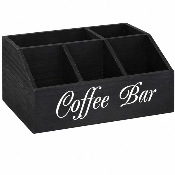 Rustic Wooden Coffee Station Organizer Countertop Storage Caddy