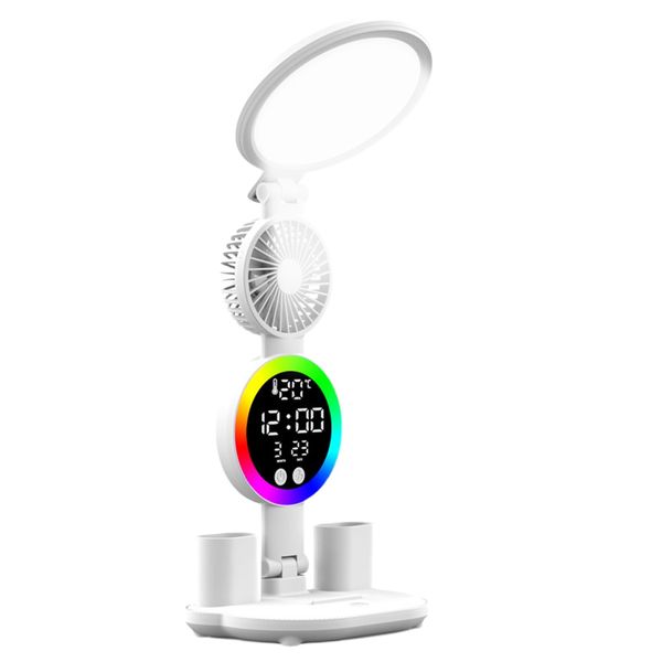 DW Adjustable Folding LED Desk Lamp With Fan Clock Date, Pen Holder