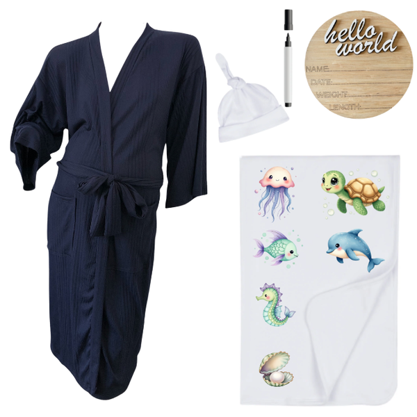 Hospital Set-Mom&amp;Me-Black Summer Gown, Swaddle &amp; Birth Ann-Coral Reef