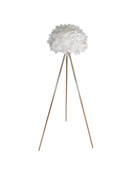 A Decorative Floor Lamp With A Gold Frame And A White Feather Lampshade.