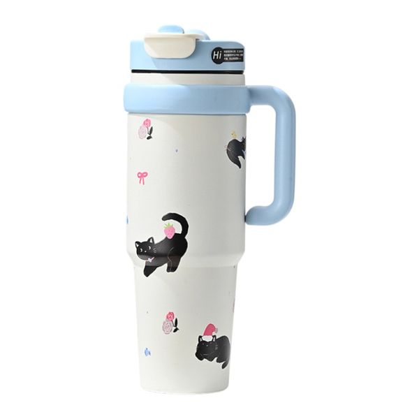 1000ml Cute Cat Print Giant Thermal Tumble Cup - Blue &amp; White