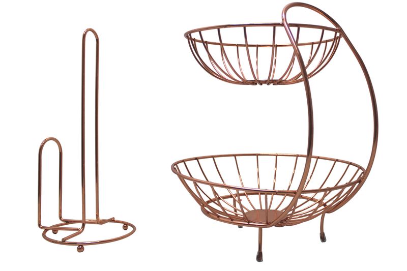 2 Piece Stainless Steel 2 Tier Fruit Basket and Towel Holder - Copper