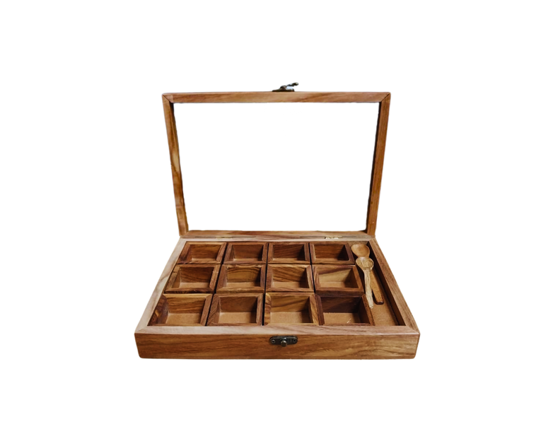 Handcrafted Mango Wood Spice/Jewellery Box with Glass Lid - 12 Compartments