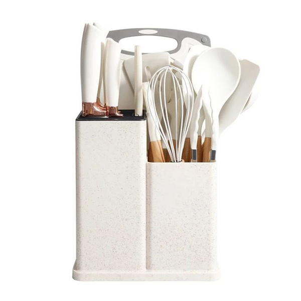 Silicone Kitchenware Kit 19 Pieces Knife &amp; Spoon Set With Storage Rack
