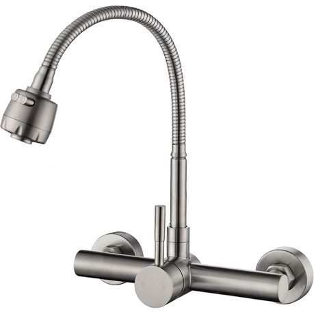 304 Stainless Steel Wall-Mounted Kitchen Faucet - Dual Spray Swivel Spout Image