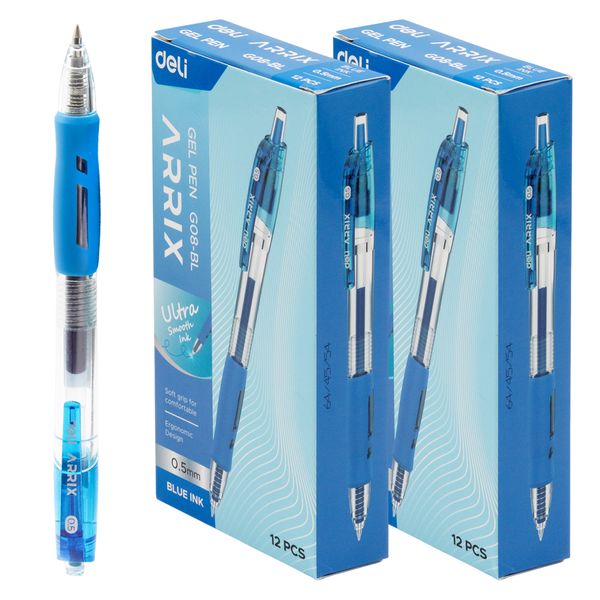 Deli Retractable Gel Pens Neutral Blue Fine 0.5mm Bullet Point - 24 Pack