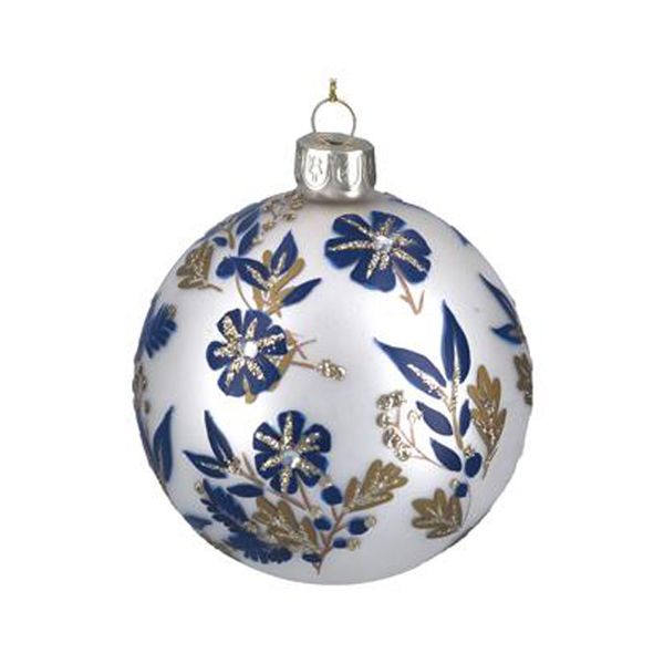 Gisela Graham Matt White Glass Ball with Blue/Gold Flowers
