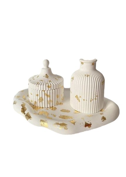 White Gold Nordic tray flower Pot and Stripe jar
