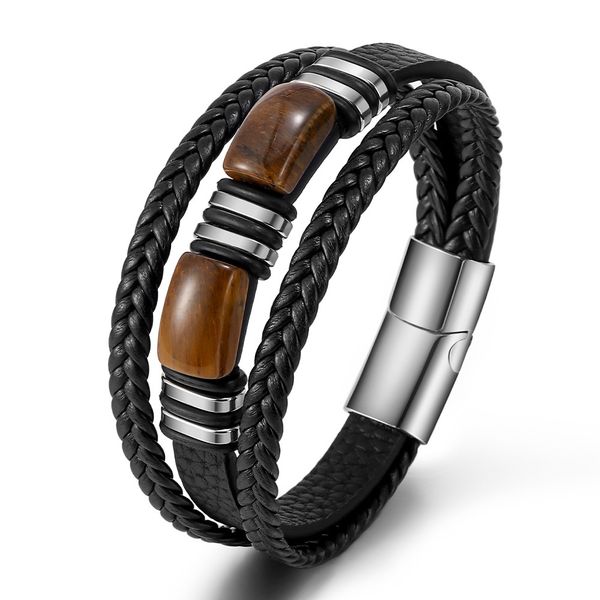 Tiger Eye Stone Mens Layered Leather Braided Magnetic Clasp Bracelet