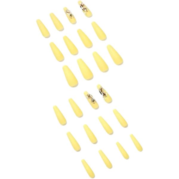 Yellow Nail Art Paired With Butterfly Rhinestone False Nails