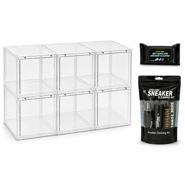 6 Pack - Clear Stackable Shoe Box with Magnetic Door + Cleaning Kit &amp; Wipes