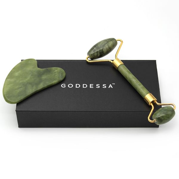 GODDESSA Authentic Jade Stone Facial Derma Roller With Gua Sha Set