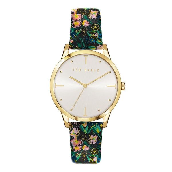 Ted Baker Poppiey Ladies Yellow Gold Tone Black Printed Leather Strap Watch