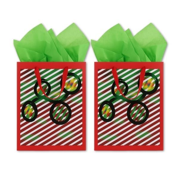 Set of 2 Red &amp; Green Striped Christmas Gift Bags with Tissue Paper