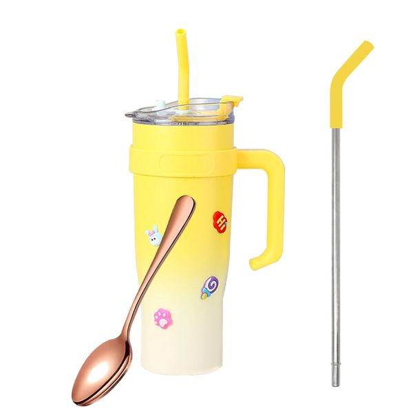 850ml Stainless Steel Tumbler with Handle and Straw with Gold Spoon-Blue