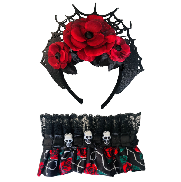 Halloween Gothic Vampire Witch Headband &amp; Day of the Dead Choker Set