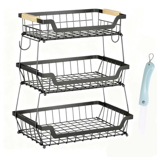 3 Tier Fruit Basket with Handle, Black Stair Basket with Hook for Kitchen