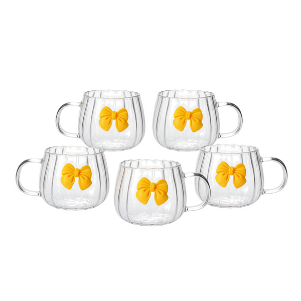 Glass Pumpkin Cup With Handle - Yellow Bow 5 Pack