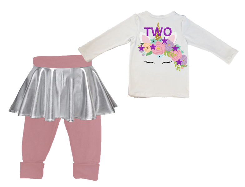 My second birthday-Long sl foldover pants with built in skirt-Unicorn glit