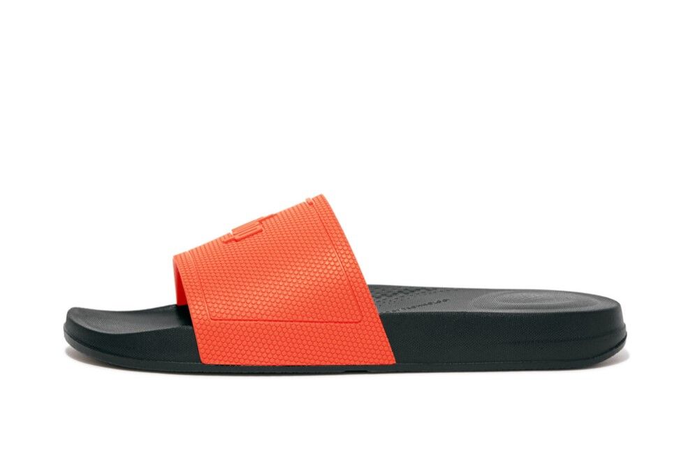 FitFlop Mens iQushion Pool Slide Black/Neon Orange Shop Today. Get it