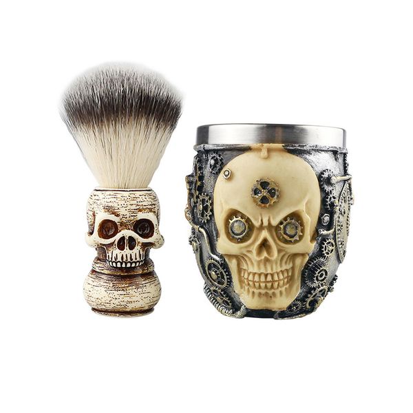Skull Head Men's Beard Facial Cleansing Shaving Brush Soap Bowl Set