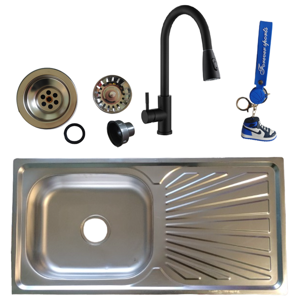 Sink Single Drop In Kitchen Sink With Black Pull-out Tap &amp; Free Key Ring
