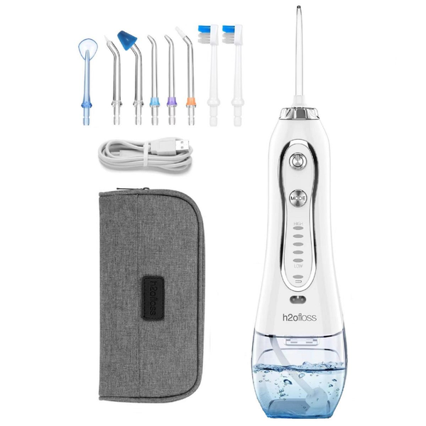 H2ofloss Dental Spa Water Flosser - Cordless, 8 Tips, Travel Bag - White