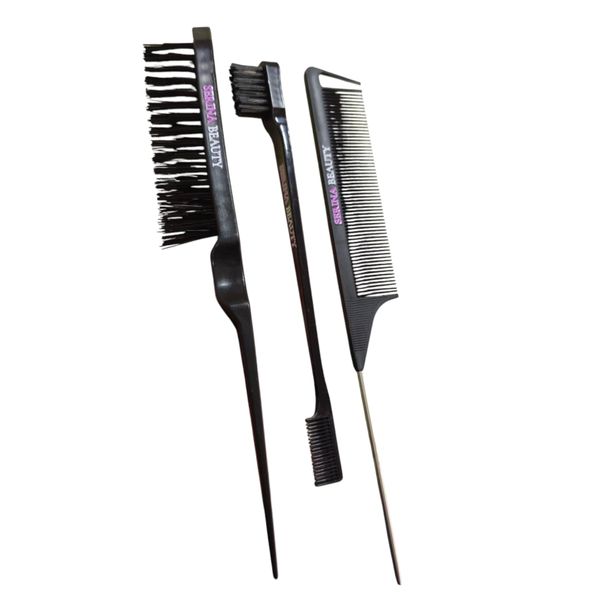Serina Beauty 3 Piece Edge Brush and Comb Set - Black