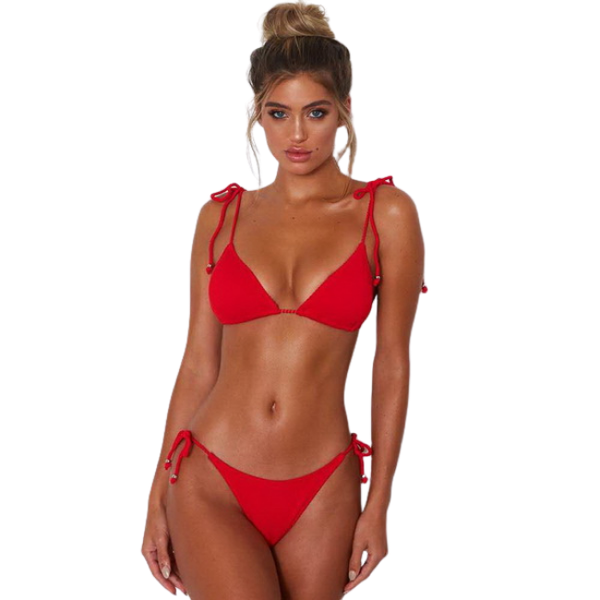Sunbird Swimwear, Regal Macaw, Cocktail Red Tie Strap Triangle Matching Bikini