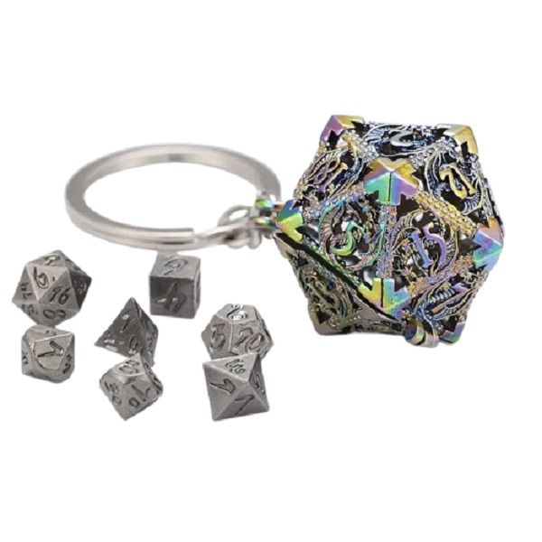 Premium Metal Mini 7-Dice Set W/ Ornate D20 Keychain for RPG &amp; DnD