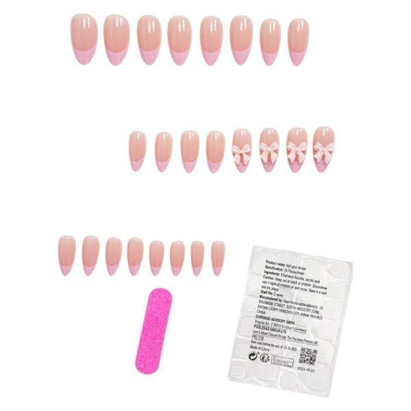 24Pcs Almond French Tip 3D Bow Design Press-On Nail Set - Pink/Nude