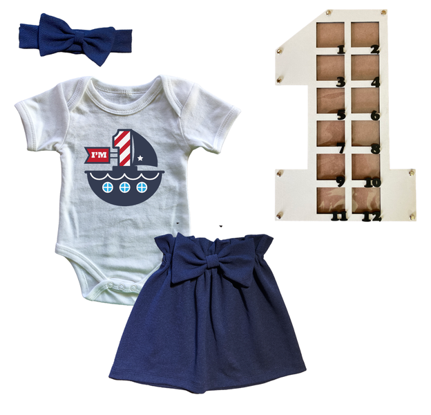 First Birthday Outfit-Skirt, vest &amp; Photo Frame- Navy-Sailor Boat