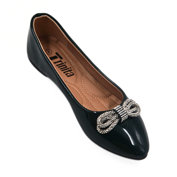 Trinita Ladies Shoes Pumps Round Toe with Diamante Bow &amp; Glossy Finish