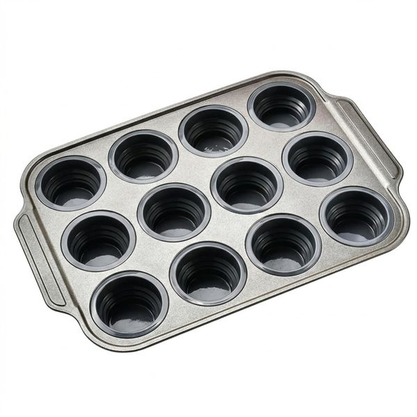 12-Cup Silicone Muffin Pan with Push-to-Release Mechanism - Gray