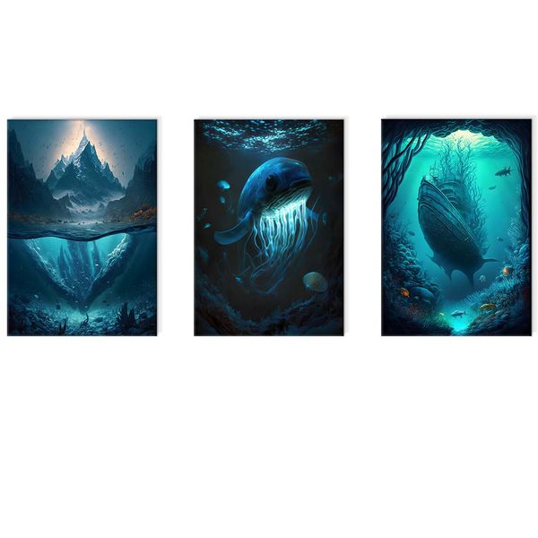 Canvas-Art- 3 Pieces Deep Sea Jellyfish Dark Underwater Wall Art