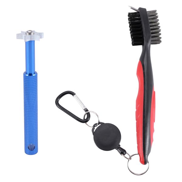 Groove Sharpener and Retractable Golf Club Brush Blue and Red