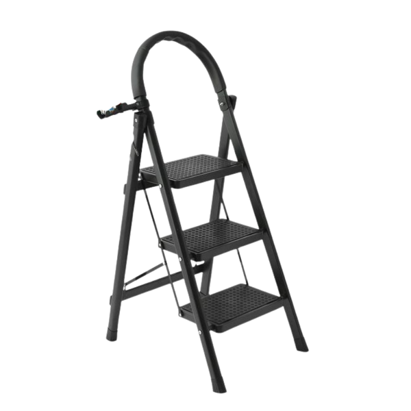 3-Step Folding Ladder with Tool Holder &amp; Anti-Slip Wide Pedals - Black