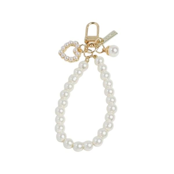 Sophisticated Pearl Keychain With Heart Shaped Charm Detail - White and Gold