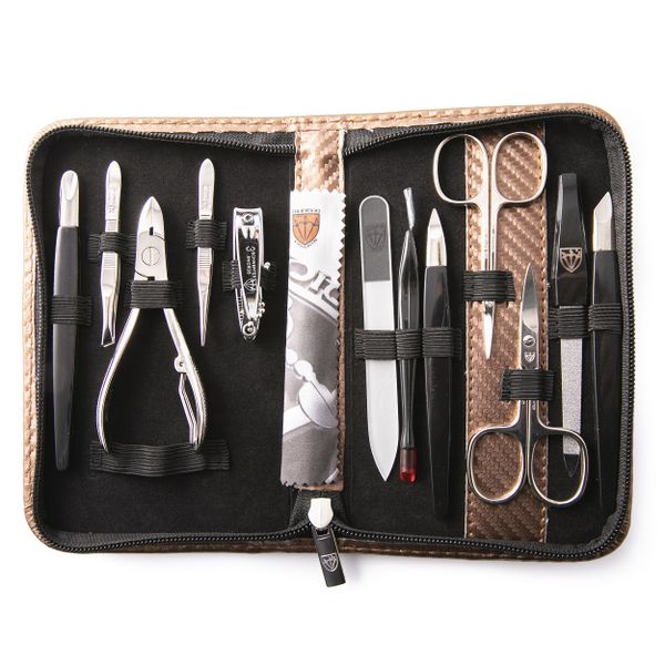 Kellermann Mani/Pedi Set Extra-Fine Steel in Carbon Copper Material Case 6205 F N - 12 Piece